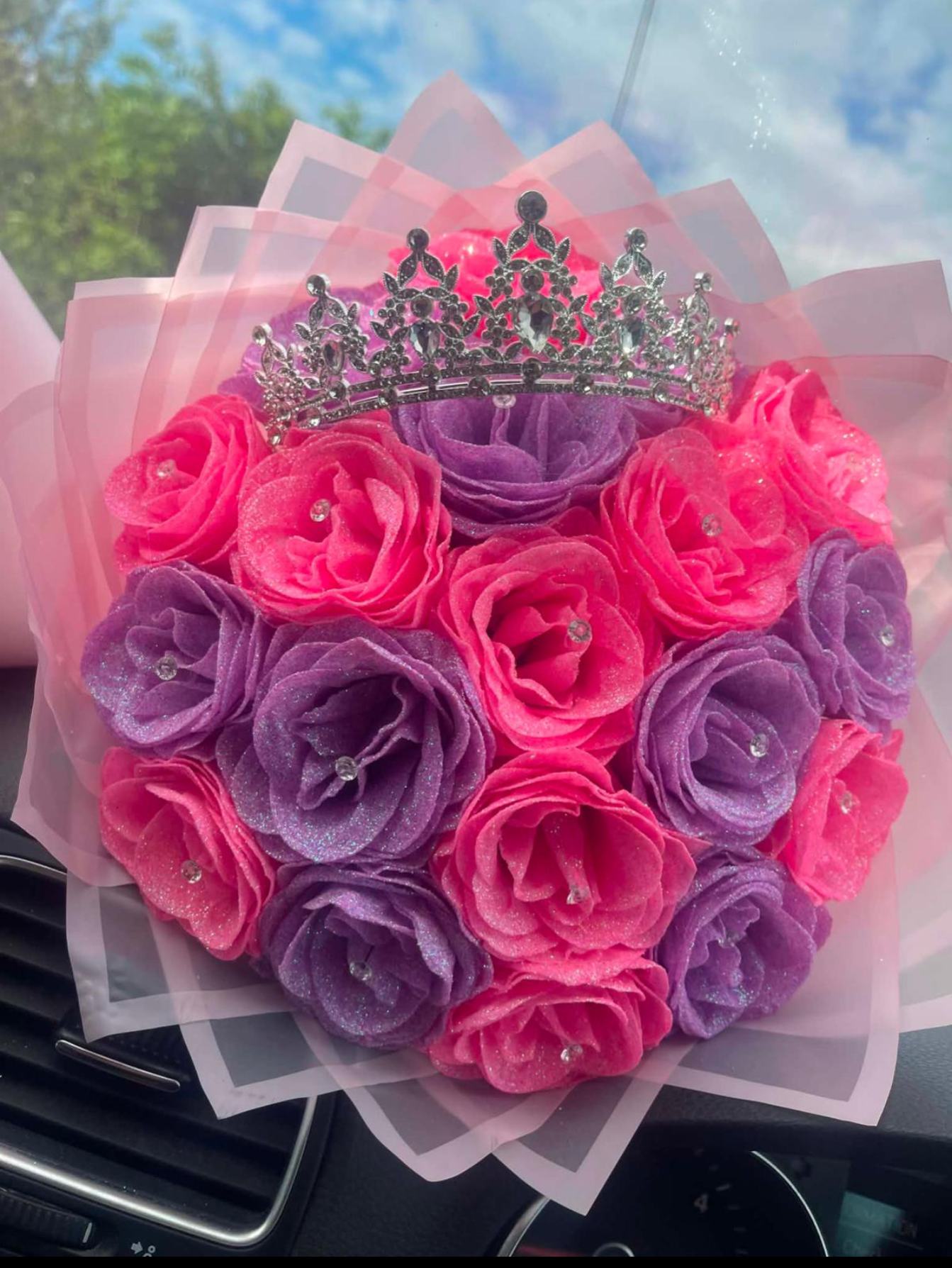 Pink and purple glitter rose bouquet with crystal tiara by BellaRoza
